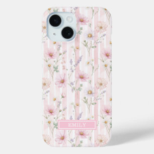 Coque Case-Mate iPhone Fleur Sauvage Rose Monogrammée Rayée