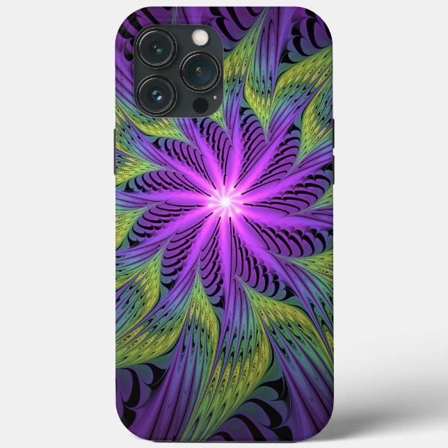 Coques Case-Mate iPhone Fleur verte violette Art fractal abstrait moderne (Verso)