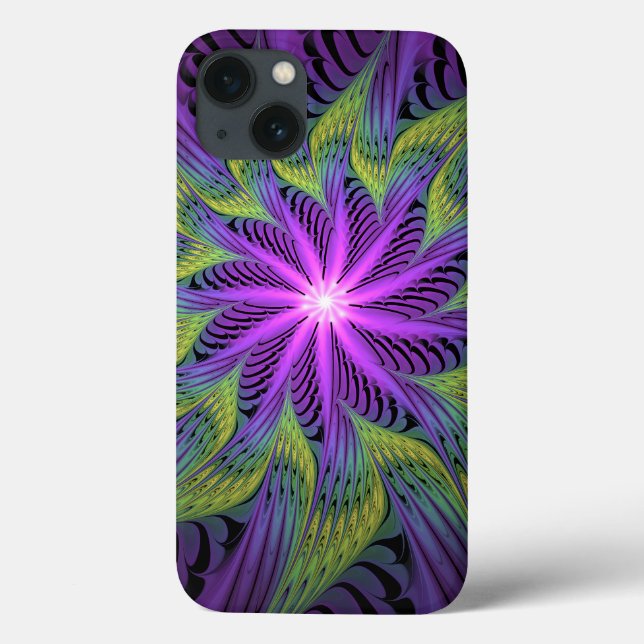 Coques Case-Mate iPhone Fleur verte violette Art fractal abstrait moderne (Verso)