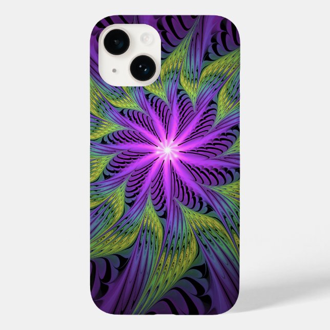 Coques Case-Mate iPhone Fleur verte violette Art fractal abstrait moderne (Verso)