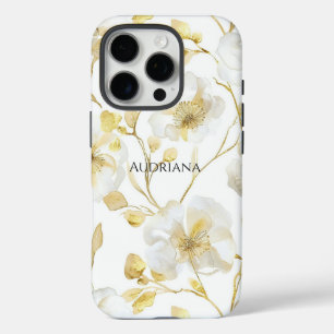 Coque iPhone 16 Pro Fleurie Or Chic Blanc
