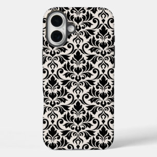 Coque Pour iPhone 16 Plus Fleurir Damassé Grand Motif Noir sur Crème