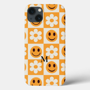 Case-Mate iPhone Case Fleurs à carreaux et visages souriants orange pers