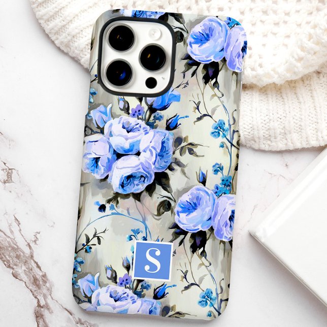 Coques Case-Mate iPhone Fleurs à monogramme bleu et pérvinquier (Créateur téléchargé)