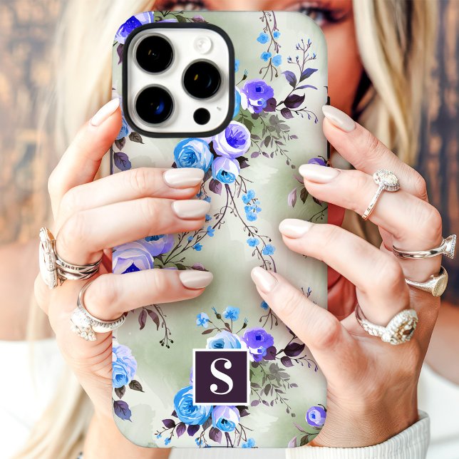 Coques Case-Mate iPhone Fleurs à monogramme bleu et violet  (Créateur téléchargé)