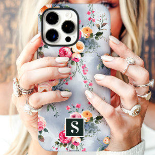 Coque iPhone 16 Pro Max Fleurs à monogramme rose et pêche