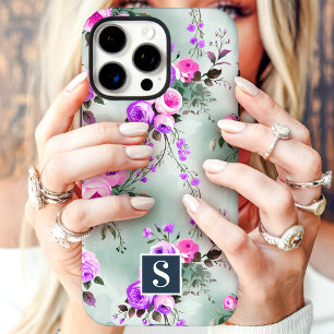 Coque iPhone 16 Pro Max Fleurs à monogramme rose et violet