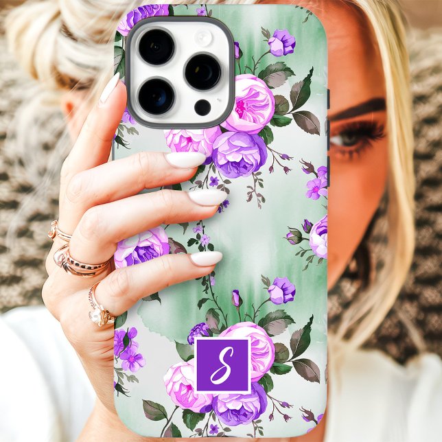 Coques Case-Mate iPhone Fleurs à monogramme violet et lavande (Créateur téléchargé)