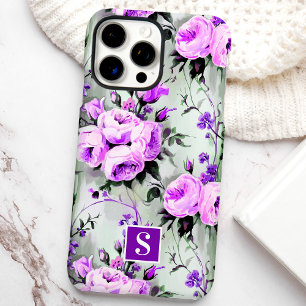 Coque iPhone 16 Pro Max Fleurs à monogramme violet et lilas 