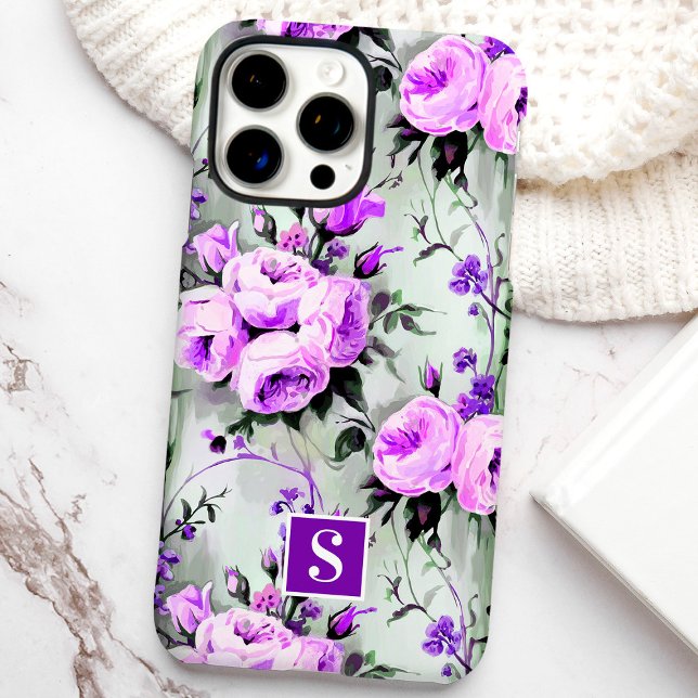 Coques Case-Mate iPhone Fleurs à monogramme violet et lilas  (Créateur téléchargé)