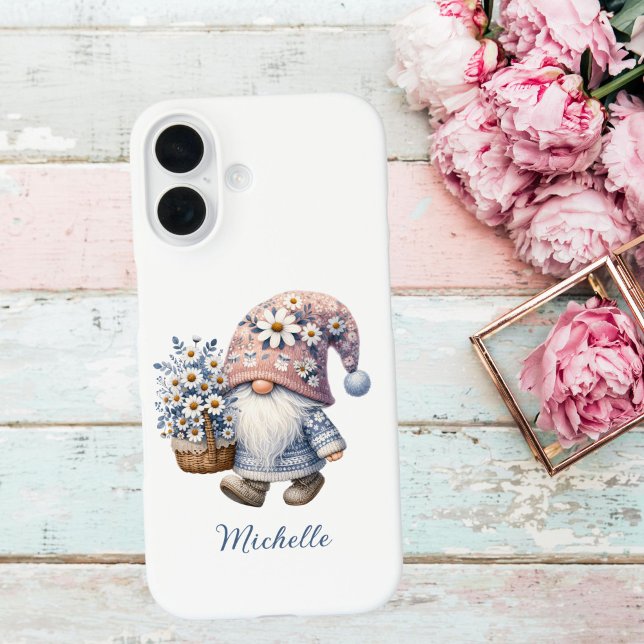 Coques Case-Mate iPhone Fleurs à ressort bleu rose Gnome (pink blue spring time flowers gnome monogram name iPhone 16 15 14 13 12 11, Pro max plus phone case)
