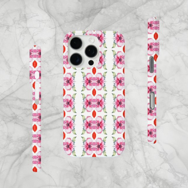 Coques Case-Mate iPhone Fleurs Abstraites et rouge à lèvres (Abstract floral-style design, with red lipstick. Original pattern design in green, pink and red.)