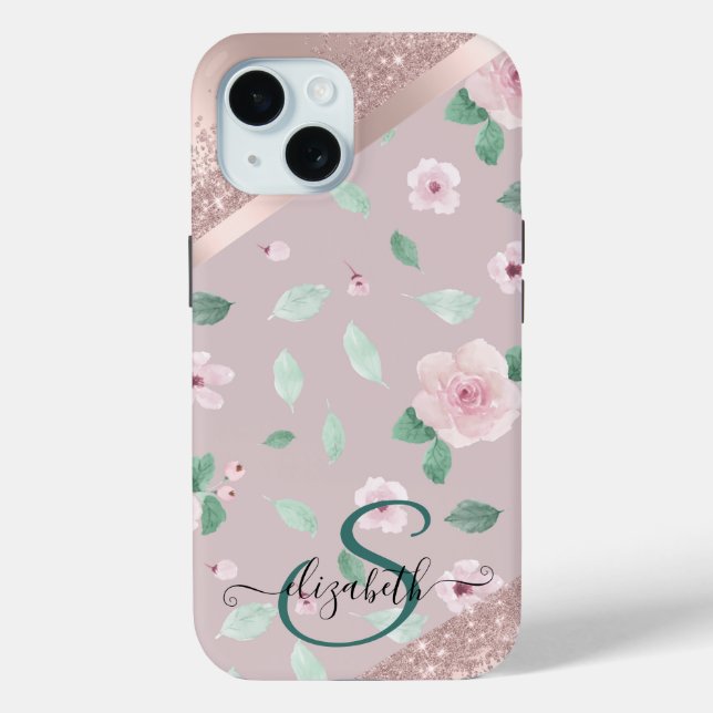 Coques Case-Mate iPhone Fleurs Aquarelle Monogramme Or Rose (Verso)