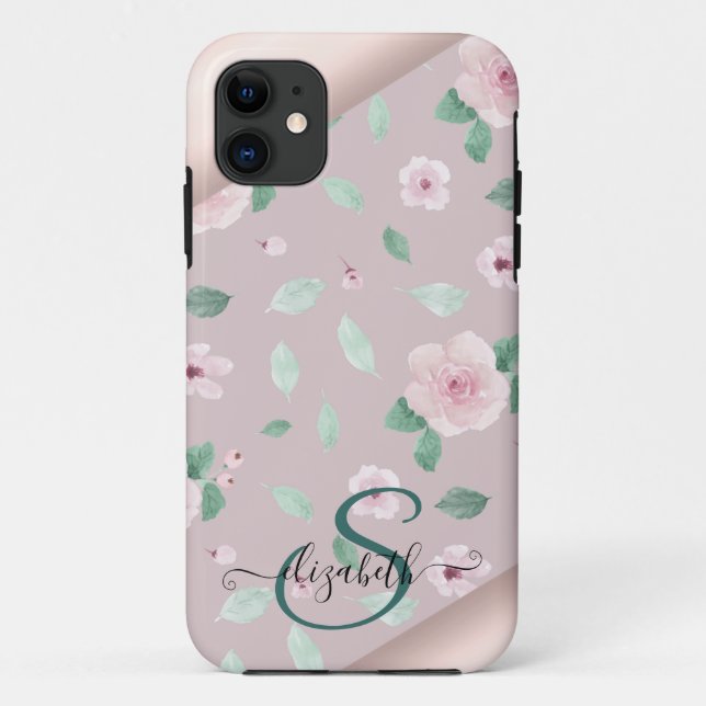 Coques Case-Mate iPhone Fleurs Aquarelle Monogramme Or Rose (Dos)