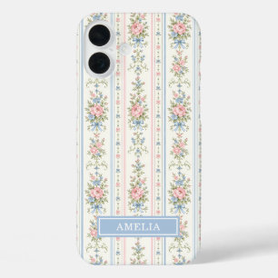 Coque Pour iPhone 16 Plus Fleurs Aquarelle Rayées Rose Pâle Bleu