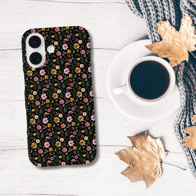 Coques Case-Mate iPhone Fleurs aquarelles tendance noir rose jaune vert (Black Pink Yellow Green Watercolor Florals Cottagecore iPhone case)