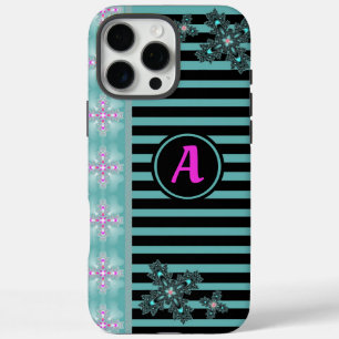 Coque iPhone 16 Pro Max Fleurs Artdeco en style rétro avec monogramme