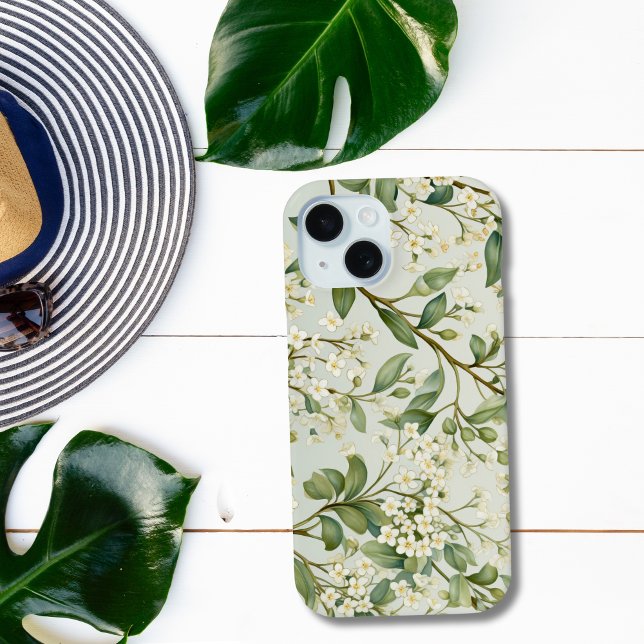 Coques Case-Mate iPhone Fleurs Blanches de Feuillage Floral Aquarelle (Green White Floral iPhone case)