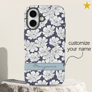 Coque Pour iPhone 16 Fleurs blanches rustiques croquis teinte bleue nom