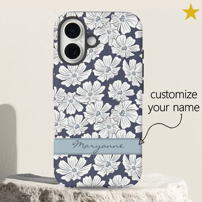 Coques Case-Mate iPhone Fleurs blanches rustiques croquis teinte bleue nom (Créateur téléchargé)