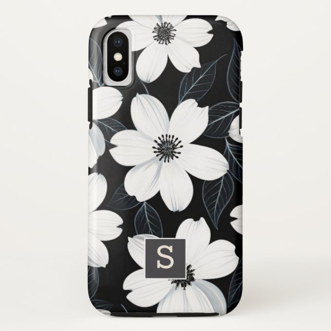 Coques Case-Mate iPhone Fleurs blanches sur Monogramme noir Élégant (Dos)