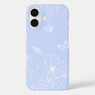 Coque Pour iPhone 16 Fleurs bleu clair Motif, Floral, Minimaliste