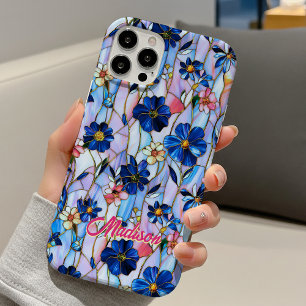 Coque Pour iPhone 16 Fleurs bleues en verre coloré