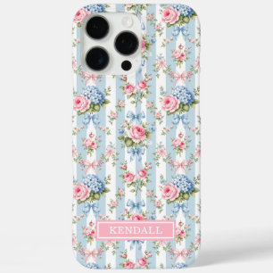 Coque iPhone 16 Pro Max Fleurs bleues et roses et rubans rayés