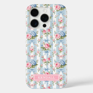 Coque iPhone 16 Pro Fleurs bleues et roses et rubans rayés