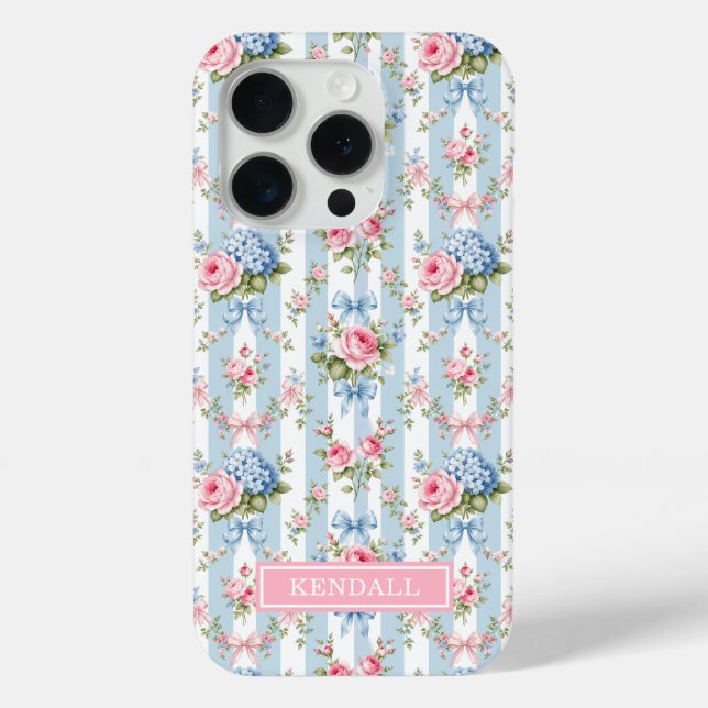 Coques Case-Mate iPhone Fleurs bleues et roses et rubans rayés (Verso)
