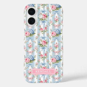 Coque Pour iPhone 16 Fleurs bleues et roses et rubans rayés