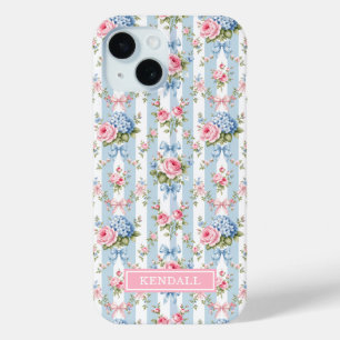 Coque Case-Mate iPhone Fleurs bleues et roses et rubans rayés