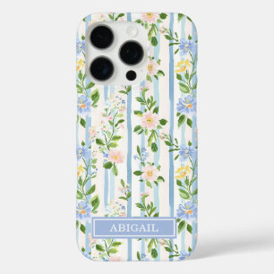 Coque iPhone 16 Pro Fleurs bleues rosées aquarelle rayées Personnalisé