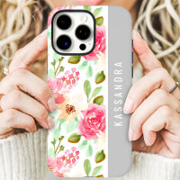 Fleurs botaniques aquarelle rose Nom personnalisé