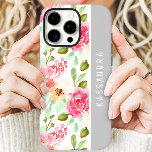 Coque iPhone 16 Pro Max Fleurs botaniques aquarelle rose Nom personnalisé