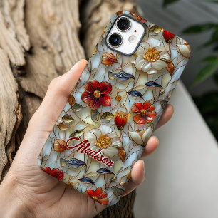 Coque Pour iPhone 16 Fleurs botaniques rouges lumineuses en verre teint