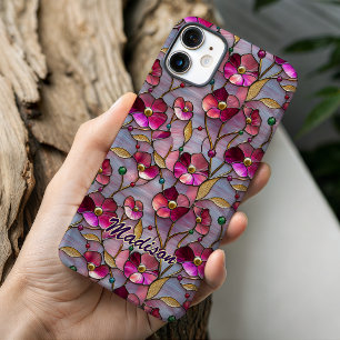 Coque Pour iPhone 16 Fleurs botaniques vibrantes en verre coloré rose