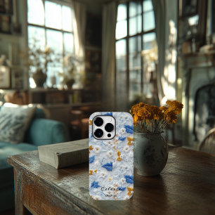 Coque Case-Mate iPhone Fleurs brodées bleues et or personnalisées