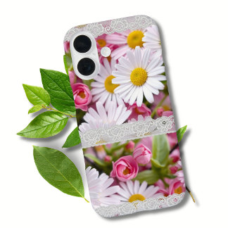 Coque Pour iPhone 16 Fleurs colorées et dentelle blanche Photo féminine