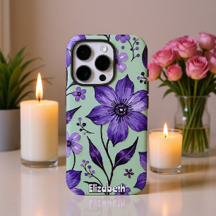 Coque iPhone 16 Pro Fleurs Cosmos Artistiques sur Bleu
