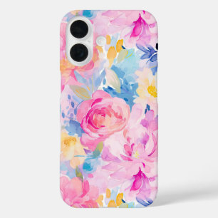 Coque Pour iPhone 16 Fleurs d'aquarelle Abstraite rose et bleu