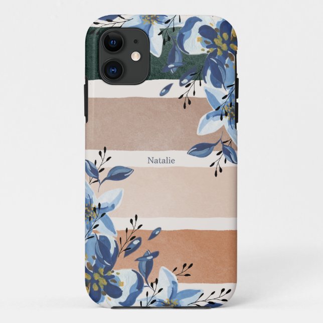 Coques Case-Mate iPhone Fleurs d'aquarelle botanique personnalisées bleu (Dos)