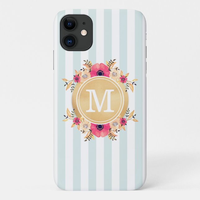 Coques Case-Mate iPhone Fleurs d'aquarelle de la menthe Monogramme d'or (Dos)