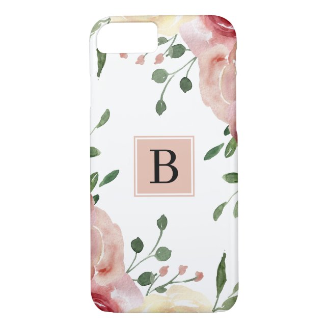 Coques Case-Mate iPhone Fleurs d'aquarelle rose avec simple monogramme (Dos)