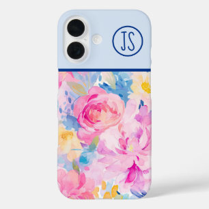 Coque Pour iPhone 16 Fleurs d'aquarelle rose et bleu Monogramme