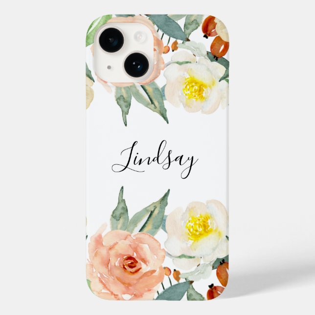 Coques Case-Mate iPhone Fleurs D'Aquarelle Rose Peach Avec Nom (Verso)