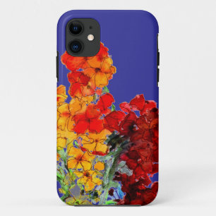 Coque iPhone 11 Fleurs d'Aquarelle rouge et orange sur bleu