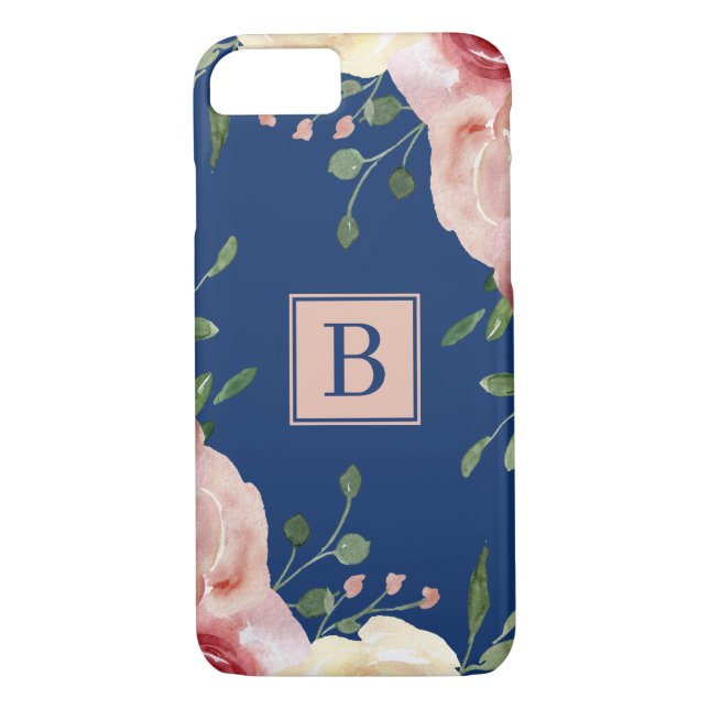 Coques Case-Mate iPhone Fleurs d'aquarelles bleues sur un monogramme simpl (Dos)