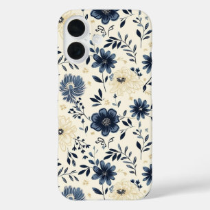 Coque Pour iPhone 16 Fleurs d'art populaire vintage bleu marine beige