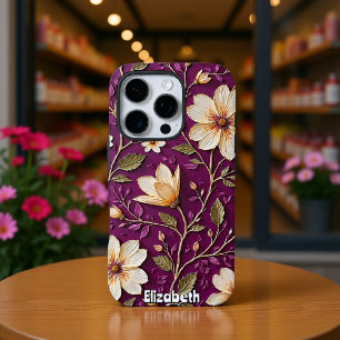 Coque iPhone 16 Pro Fleurs de crème sur violet texturé